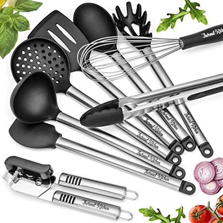 Kitchen Utensils - 9 Piece Cooking Utensil Set Silicone and Stainless Steel BONUS Can Opener - Professional BPA Free Heat Resistant Cookware Kit Suitable for Commercial Restaurant and Home